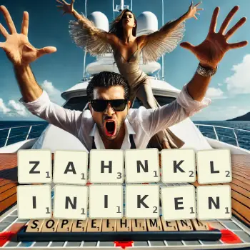 Kreative Illustration für ein Scrabble-Spiel, bei dem das Wort ZAHNKLINIKEN mit Steinen auf dem Brett gelegt wurde.