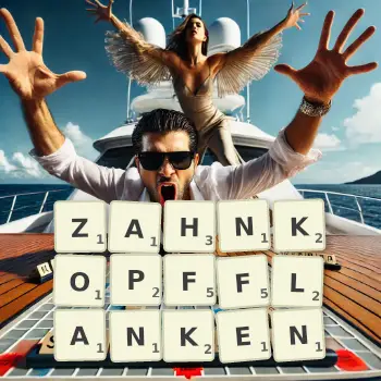 Kreative Illustration für ein Scrabble-Spiel, bei dem das Wort ZAHNKOPFFLANKEN mit Steinen auf dem Brett gelegt wurde.