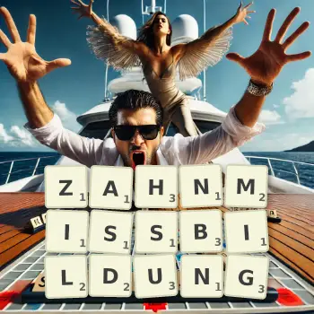 Kreative Illustration für ein Scrabble-Spiel, bei dem das Wort ZAHNMISSBILDUNG mit Steinen auf dem Brett gelegt wurde.