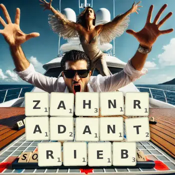 Kreative Illustration für ein Scrabble-Spiel, bei dem das Wort ZAHNRADANTRIEB mit Steinen auf dem Brett gelegt wurde.