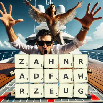 Kreative Illustration für ein Scrabble-Spiel, bei dem das Wort ZAHNRADFAHRZEUG mit Steinen auf dem Brett gelegt wurde.