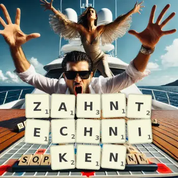 Kreative Illustration für ein Scrabble-Spiel, bei dem das Wort ZAHNTECHNIKEN mit Steinen auf dem Brett gelegt wurde.