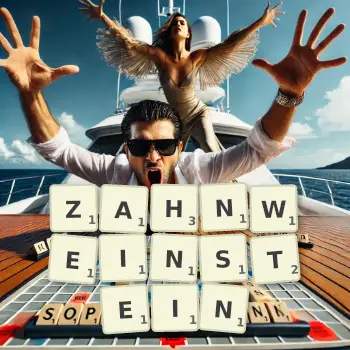 Kreative Illustration für ein Scrabble-Spiel, bei dem das Wort ZAHNWEINSTEIN mit Steinen auf dem Brett gelegt wurde.