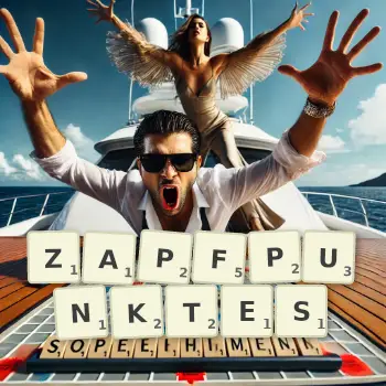 Kreative Illustration für ein Scrabble-Spiel, bei dem das Wort ZAPFPUNKTES mit Steinen auf dem Brett gelegt wurde.