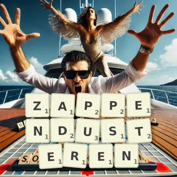 Kreative Illustration für ein Scrabble-Spiel, bei dem das Wort ZAPPENDUSTEREN mit Steinen auf dem Brett gelegt wurde.