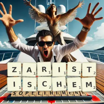 Kreative Illustration für ein Scrabble-Spiel, bei dem das Wort ZARISTISCHEM mit Steinen auf dem Brett gelegt wurde.