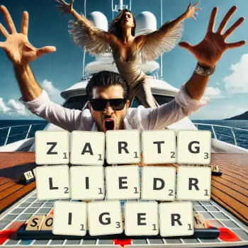 Kreative Illustration für ein Scrabble-Spiel, bei dem das Wort ZARTGLIEDRIGER mit Steinen auf dem Brett gelegt wurde.