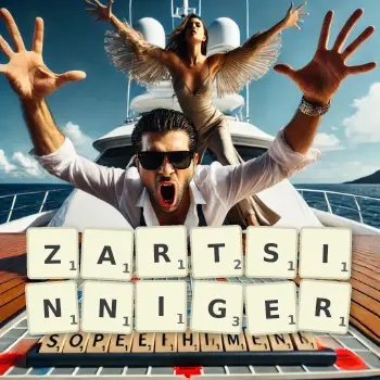 Kreative Illustration für ein Scrabble-Spiel, bei dem das Wort ZARTSINNIGER mit Steinen auf dem Brett gelegt wurde.