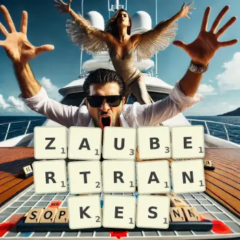 Kreative Illustration für ein Scrabble-Spiel, bei dem das Wort ZAUBERTRANKES mit Steinen auf dem Brett gelegt wurde.