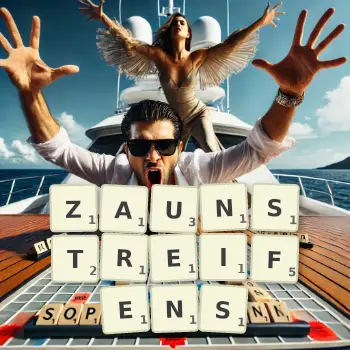 Kreative Illustration für ein Scrabble-Spiel, bei dem das Wort ZAUNSTREIFENS mit Steinen auf dem Brett gelegt wurde.