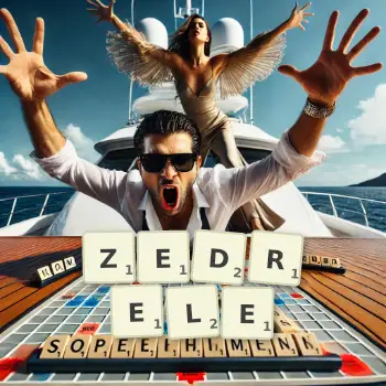 Kreative Illustration für ein Scrabble-Spiel, bei dem das Wort ZEDRELE mit Steinen auf dem Brett gelegt wurde.