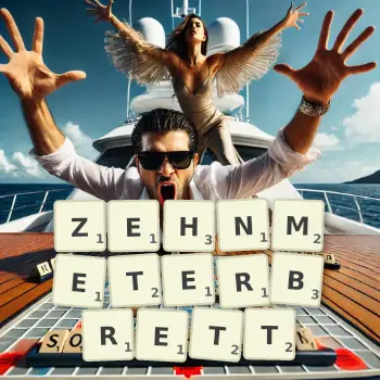 Kreative Illustration für ein Scrabble-Spiel, bei dem das Wort ZEHNMETERBRETT mit Steinen auf dem Brett gelegt wurde.