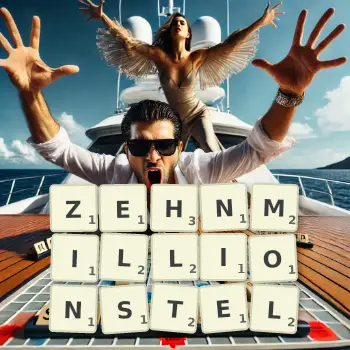 Kreative Illustration für ein Scrabble-Spiel, bei dem das Wort ZEHNMILLIONSTEL mit Steinen auf dem Brett gelegt wurde.