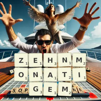 Kreative Illustration für ein Scrabble-Spiel, bei dem das Wort ZEHNMONATIGEM mit Steinen auf dem Brett gelegt wurde.