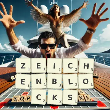 Kreative Illustration für ein Scrabble-Spiel, bei dem das Wort ZEICHENBLOCKS mit Steinen auf dem Brett gelegt wurde.