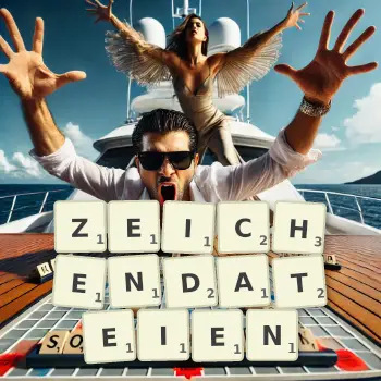 Kreative Illustration für ein Scrabble-Spiel, bei dem das Wort ZEICHENDATEIEN mit Steinen auf dem Brett gelegt wurde.