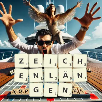 Kreative Illustration für ein Scrabble-Spiel, bei dem das Wort ZEICHENLÄNGEN mit Steinen auf dem Brett gelegt wurde.