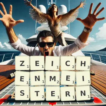 Kreative Illustration für ein Scrabble-Spiel, bei dem das Wort ZEICHENMEISTERN mit Steinen auf dem Brett gelegt wurde.