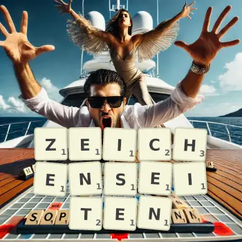 Kreative Illustration für ein Scrabble-Spiel, bei dem das Wort ZEICHENSEITEN mit Steinen auf dem Brett gelegt wurde.