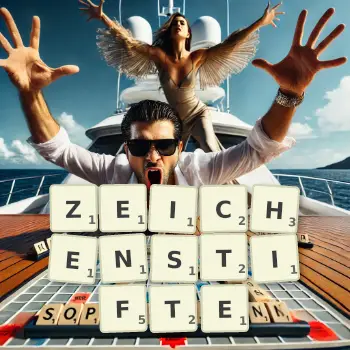 Kreative Illustration für ein Scrabble-Spiel, bei dem das Wort ZEICHENSTIFTE mit Steinen auf dem Brett gelegt wurde.