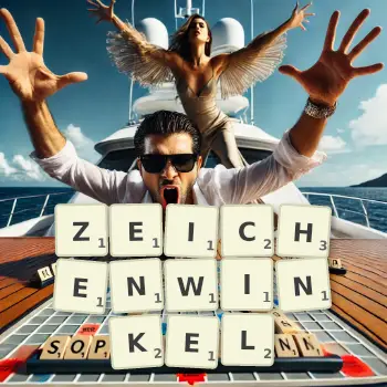 Kreative Illustration für ein Scrabble-Spiel, bei dem das Wort ZEICHENWINKEL mit Steinen auf dem Brett gelegt wurde.
