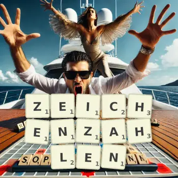 Kreative Illustration für ein Scrabble-Spiel, bei dem das Wort ZEICHENZAHLEN mit Steinen auf dem Brett gelegt wurde.
