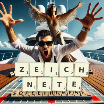Kreative Illustration für ein Scrabble-Spiel, bei dem das Wort ZEICHNETE mit Steinen auf dem Brett gelegt wurde.