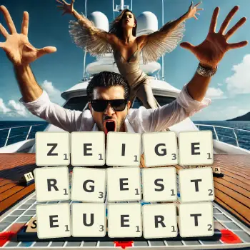 Kreative Illustration für ein Scrabble-Spiel, bei dem das Wort ZEIGERGESTEUERT mit Steinen auf dem Brett gelegt wurde.