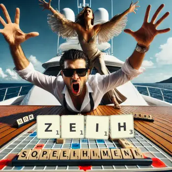 Kreative Illustration für ein Scrabble-Spiel, bei dem das Wort ZEIH mit Steinen auf dem Brett gelegt wurde.