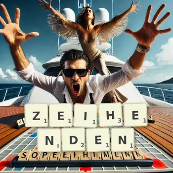 Kreative Illustration für ein Scrabble-Spiel, bei dem das Wort ZEIHENDEN mit Steinen auf dem Brett gelegt wurde.