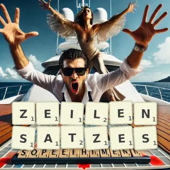 Kreative Illustration für ein Scrabble-Spiel, bei dem das Wort ZEILENSATZES mit Steinen auf dem Brett gelegt wurde.