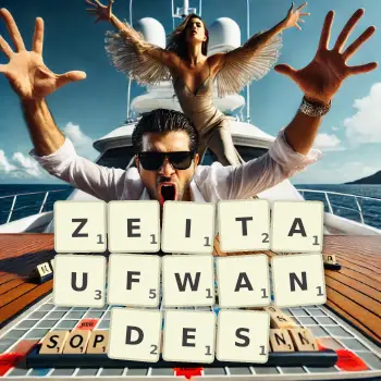 Kreative Illustration für ein Scrabble-Spiel, bei dem das Wort ZEITAUFWANDES mit Steinen auf dem Brett gelegt wurde.