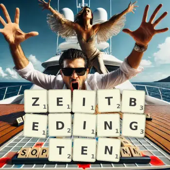 Kreative Illustration für ein Scrabble-Spiel, bei dem das Wort ZEITBEDINGTEN mit Steinen auf dem Brett gelegt wurde.