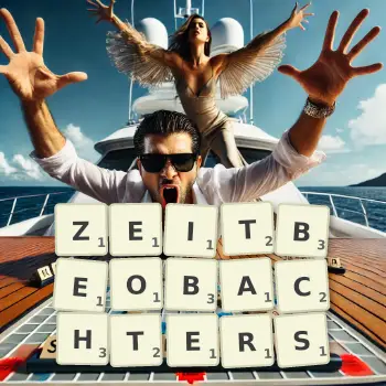 Kreative Illustration für ein Scrabble-Spiel, bei dem das Wort ZEITBEOBACHTERS mit Steinen auf dem Brett gelegt wurde.