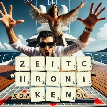 Kreative Illustration für ein Scrabble-Spiel, bei dem das Wort ZEITCHRONIKEN mit Steinen auf dem Brett gelegt wurde.