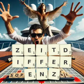 Kreative Illustration für ein Scrabble-Spiel, bei dem das Wort ZEITDIFFERENZ mit Steinen auf dem Brett gelegt wurde.