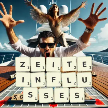 Kreative Illustration für ein Scrabble-Spiel, bei dem das Wort ZEITEINFLUSSES mit Steinen auf dem Brett gelegt wurde.
