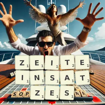 Kreative Illustration für ein Scrabble-Spiel, bei dem das Wort ZEITEINSATZES mit Steinen auf dem Brett gelegt wurde.