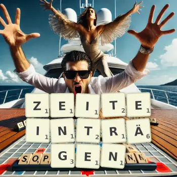 Kreative Illustration für ein Scrabble-Spiel, bei dem das Wort ZEITEINTRÄGEN mit Steinen auf dem Brett gelegt wurde.
