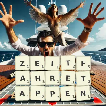 Kreative Illustration für ein Scrabble-Spiel, bei dem das Wort ZEITFAHRETAPPEN mit Steinen auf dem Brett gelegt wurde.