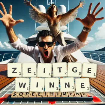 Kreative Illustration für ein Scrabble-Spiel, bei dem das Wort ZEITGEWINNE mit Steinen auf dem Brett gelegt wurde.