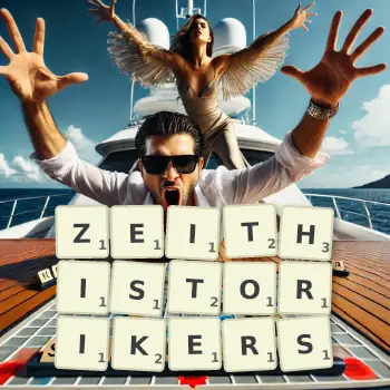 Kreative Illustration für ein Scrabble-Spiel, bei dem das Wort ZEITHISTORIKERS mit Steinen auf dem Brett gelegt wurde.