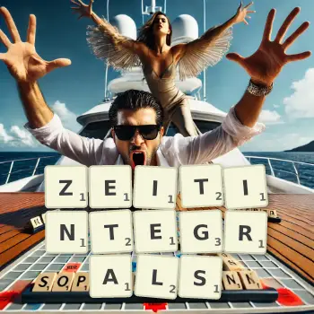 Kreative Illustration für ein Scrabble-Spiel, bei dem das Wort ZEITINTEGRALS mit Steinen auf dem Brett gelegt wurde.