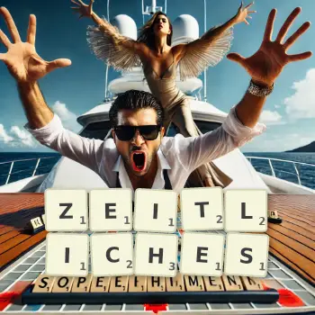 Kreative Illustration für ein Scrabble-Spiel, bei dem das Wort ZEITLICHES mit Steinen auf dem Brett gelegt wurde.
