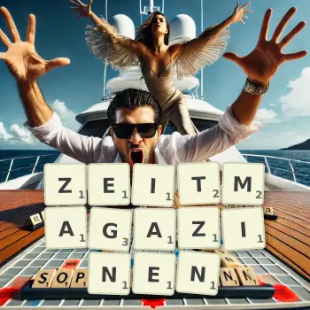 Kreative Illustration für ein Scrabble-Spiel, bei dem das Wort ZEITMAGAZINEN mit Steinen auf dem Brett gelegt wurde.