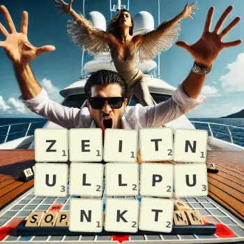 Kreative Illustration für ein Scrabble-Spiel, bei dem das Wort ZEITNULLPUNKT mit Steinen auf dem Brett gelegt wurde.