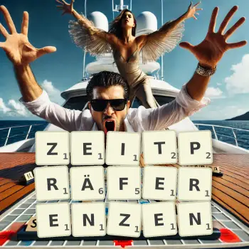 Kreative Illustration für ein Scrabble-Spiel, bei dem das Wort ZEITPRÄFERENZEN mit Steinen auf dem Brett gelegt wurde.