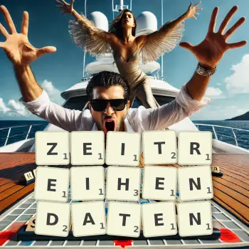 Kreative Illustration für ein Scrabble-Spiel, bei dem das Wort ZEITREIHENDATEN mit Steinen auf dem Brett gelegt wurde.