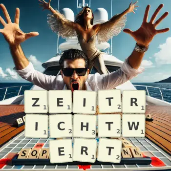 Kreative Illustration für ein Scrabble-Spiel, bei dem das Wort ZEITRICHTWERT mit Steinen auf dem Brett gelegt wurde.