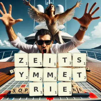 Kreative Illustration für ein Scrabble-Spiel, bei dem das Wort ZEITSYMMETRIE mit Steinen auf dem Brett gelegt wurde.